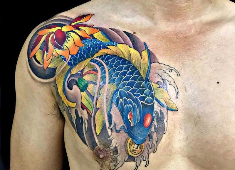 Hình xăm các chép vượt Vũ Môn ngậm vàng