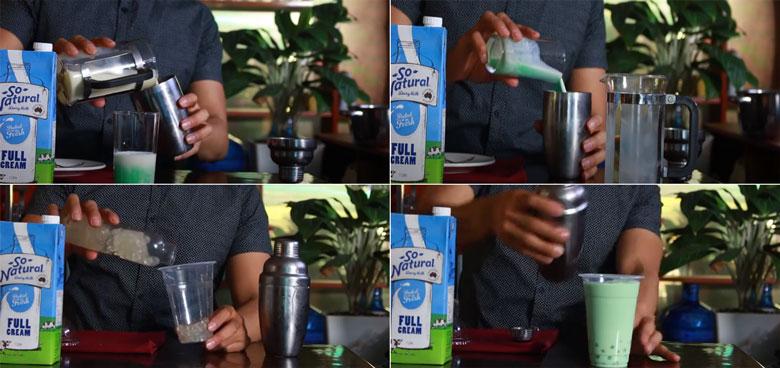 Cho tất cả hỗn hợp pha trà sữa bạc hà và bình shaker lắc đều