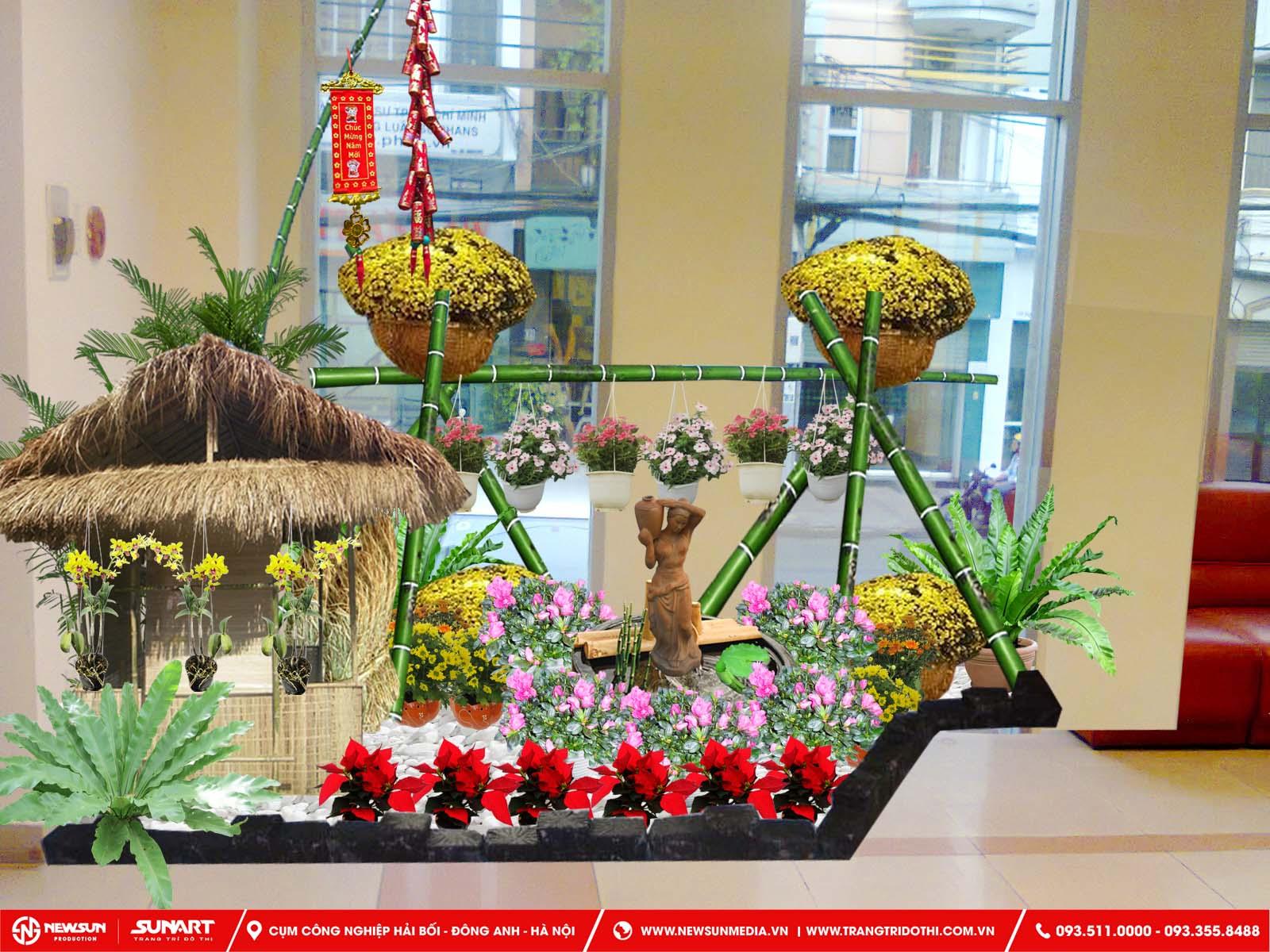 Trang trí góc Tết mầm non với tiểu cảnh vườn hoa