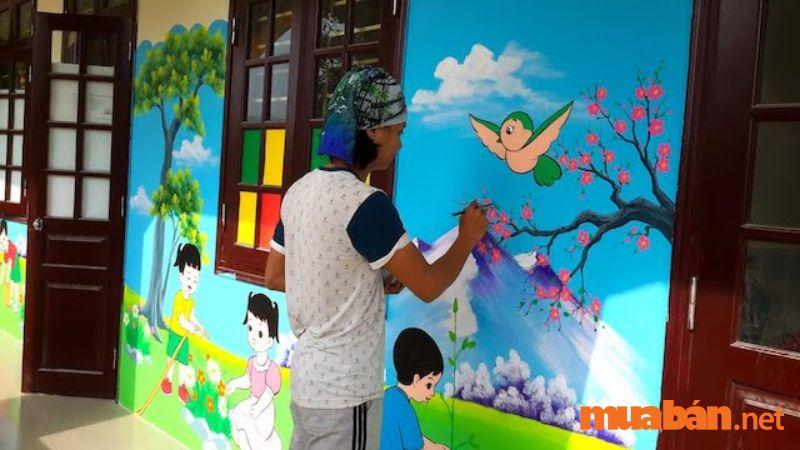 Trang trí trường mầm non bằng cách vẽ tranh tường chủ đề Tết