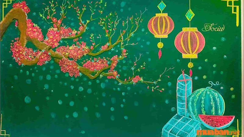 Trang trí Tết đơn giản trên bảng đen