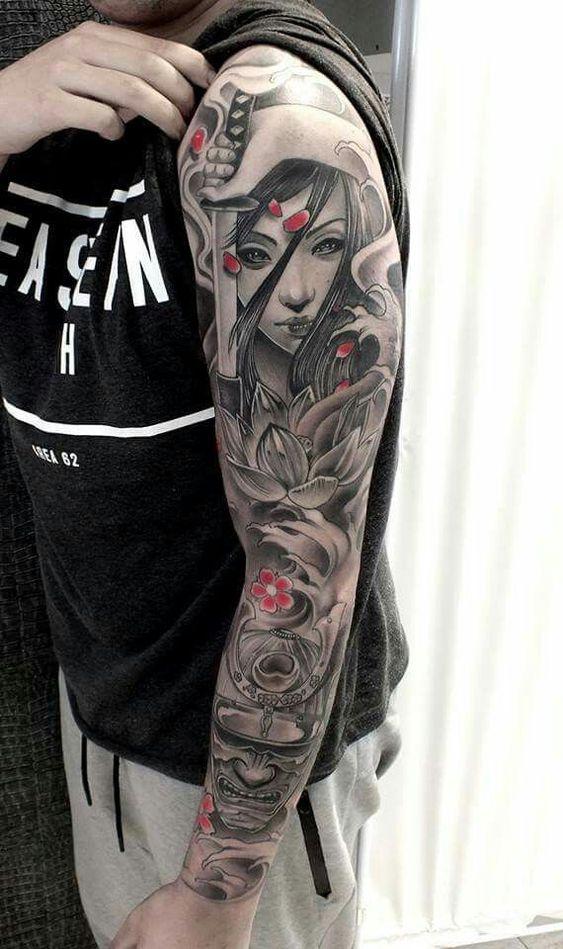 hình xăm geisha samurai full tay